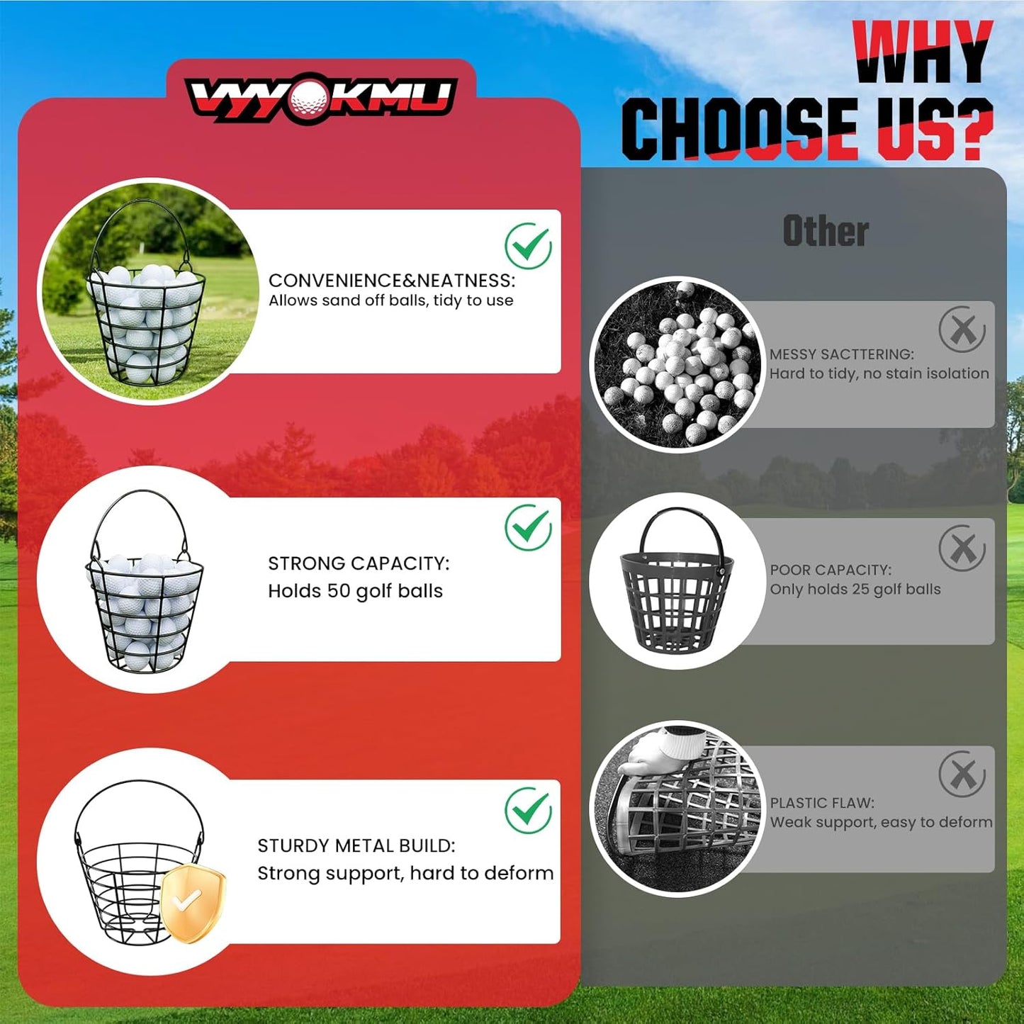 Mental Golf Ball Basket with Handle, 2 Pack Golf Ball Buckets, Stainless Bucket of Golf Balls, Holds 50 Balls of Golf Ball Holder, Portable Metal Baskets for Storage for Golf Cart Accessories