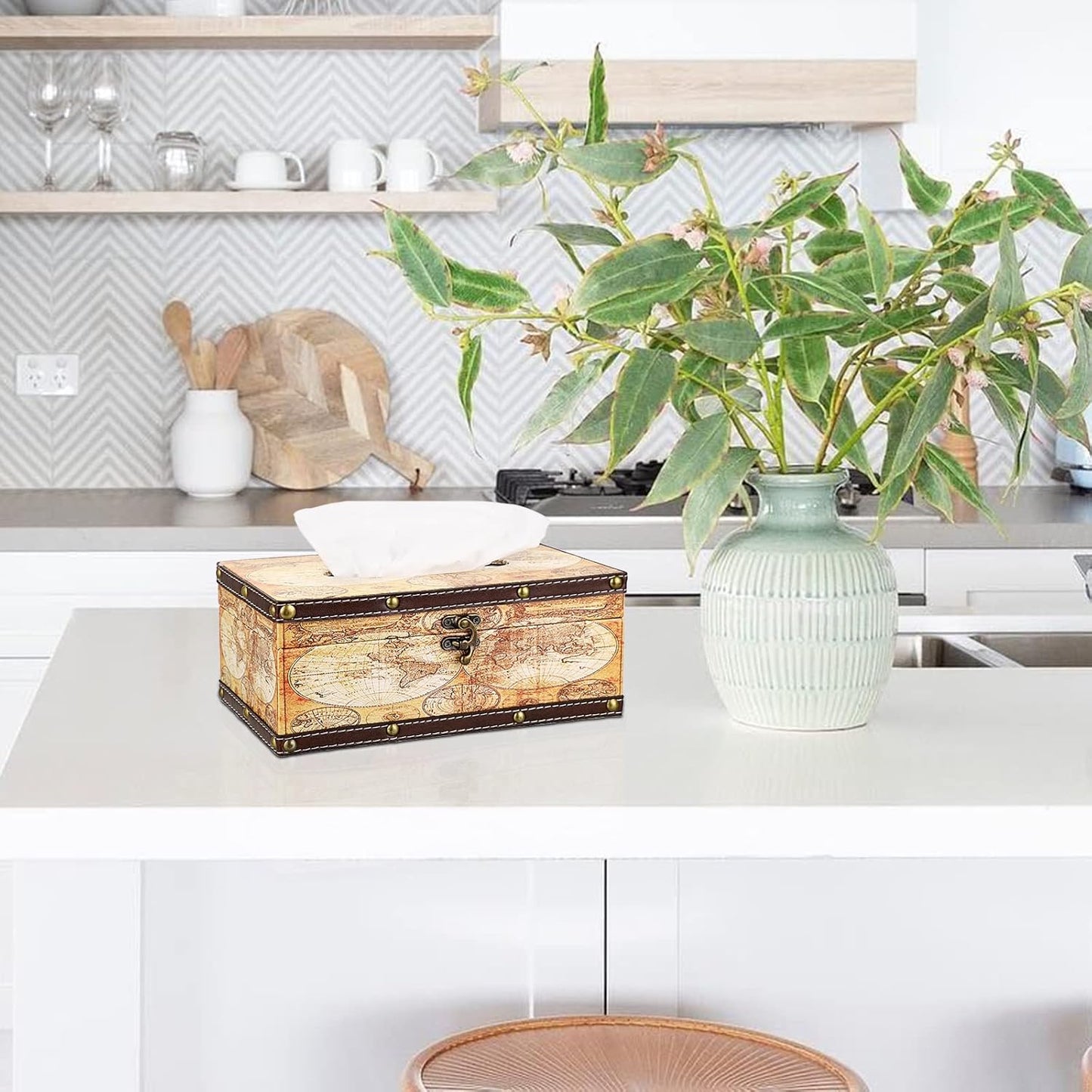 Sumnacon Tissue Box Cover Rectangle Wooden Tissue Box with Lid, Vintage Tissue Box Holder with Retro Pattern, Rustic Tissue Cover for Bathroom Toilet Living Room Table Desk Office Decor, Yellow Map