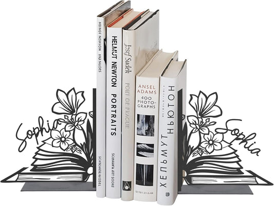 Personalized Flower Book Ends for Shelves 2 Pcs, Custom Name Metal Book Holders, Unique Bookends for Heavy Books, Non-Slip Book Stopper, Home Office Desk Bookshelf Decor, Customized Gifts