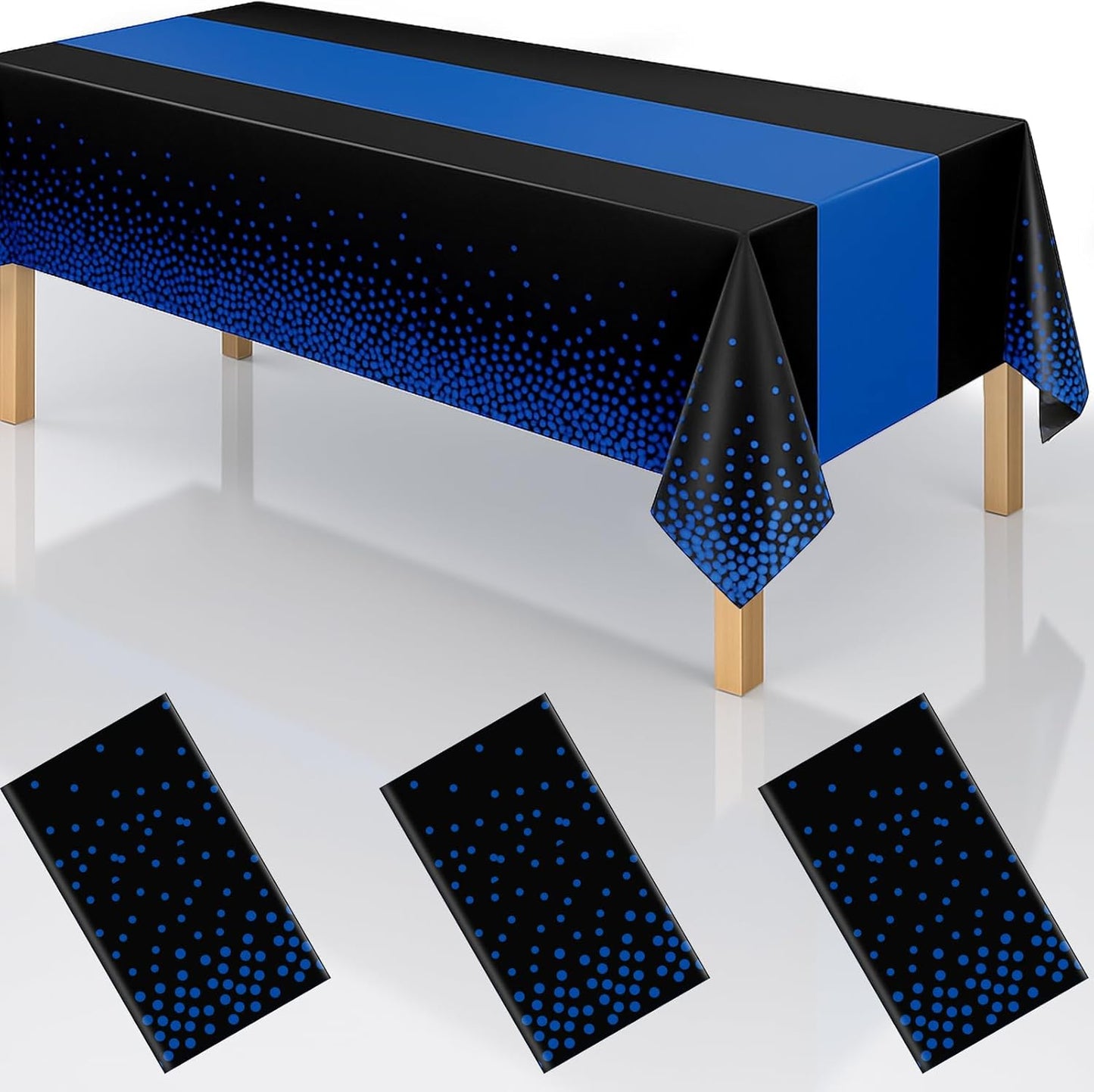 2in1 Disposable Plastic Tablecloths 54" x 108" Black and Blue Dot Kitchen Table Cloth Rectangle Table Cover for Wedding Birthday Baby Shower Anniversary Christmas Graduation (Black/Blue, 3 Pack)