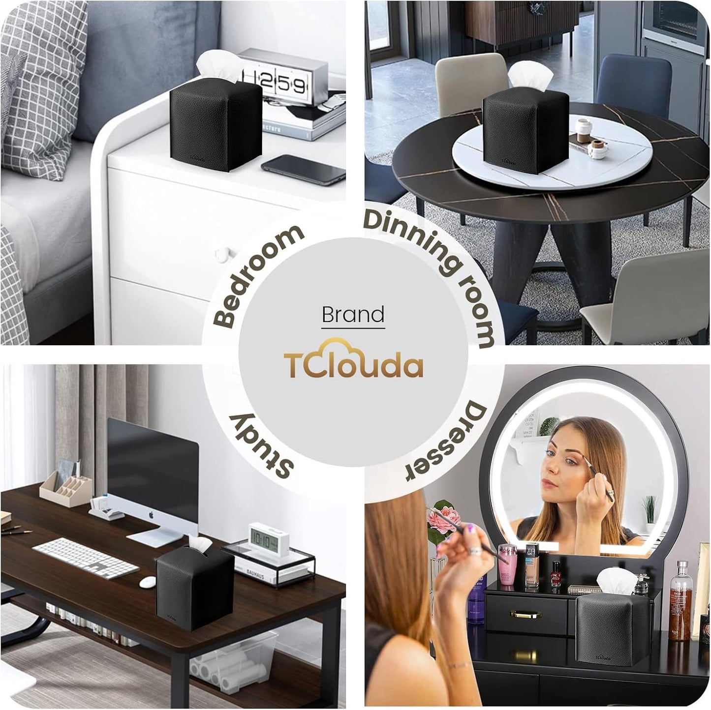 Tissue Box Cover, Tclouda, Modern PU Leather Square Tissue Box Holder for Creative Decorative, 2 Pack, Ideal for Bathrooms/Office/Car/Nightstand/Outdoor Tent/Dining Table, 5"X5"X5", Double Black