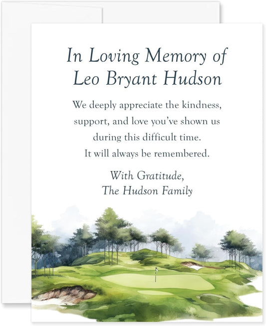 Golf Sympathy Thank You Notecards, In Loving Memory Watercolor Funeral Thank You, 4.25 x 5.5 (A2) Flat Memorial Cards, Custom Name Bereavement Acknowledgement with Envelopes