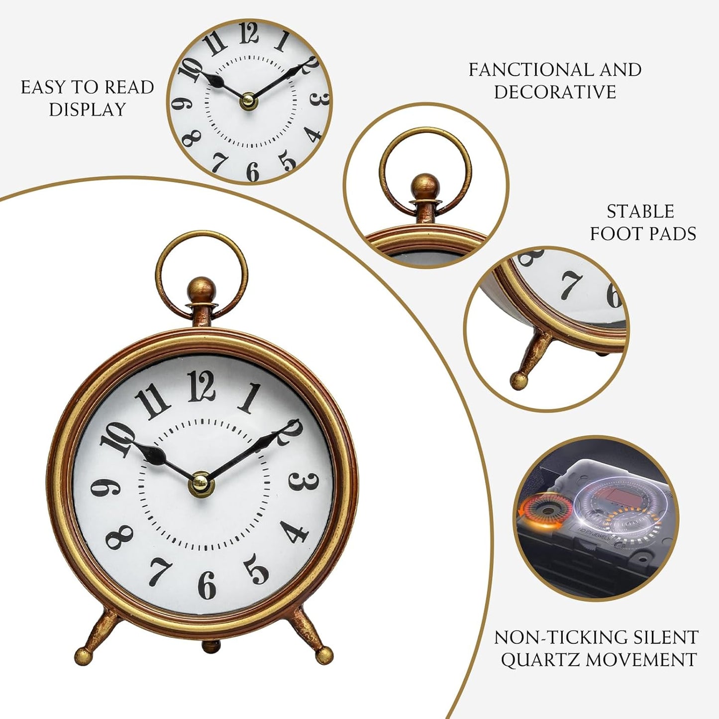 EMAX Home Vintage Small Table Clock on Stand,Desk and Shelf Clock Decorative Farmhouse Mantel Non-Ticking Clock Rustic Metal Frame with Antique Gold Finish 9.3 Inch…