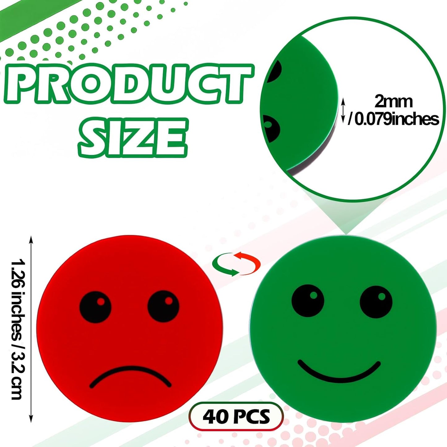 Xuhal 40 Pcs Double Sided Red Green Magnets 1.26'' Red Green Flip Reversible Magnets Dots for Whiteboard Mini Colored Double Sided Reversible Circle Indicator for Office Classroom Decoration (Smile)