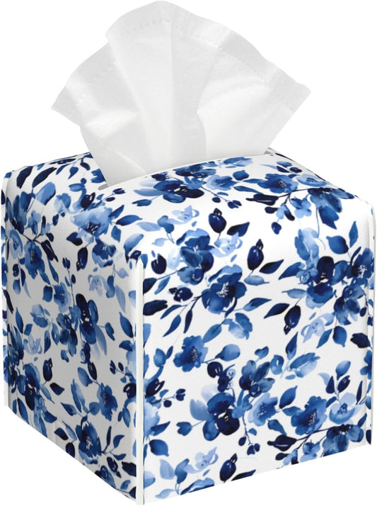 Tissue Box Cover Square, Sweet Blue Flower Watercolor Leather Tissue Box Holder Decorative Organizer for Bathroom, Home Office Car Decor
