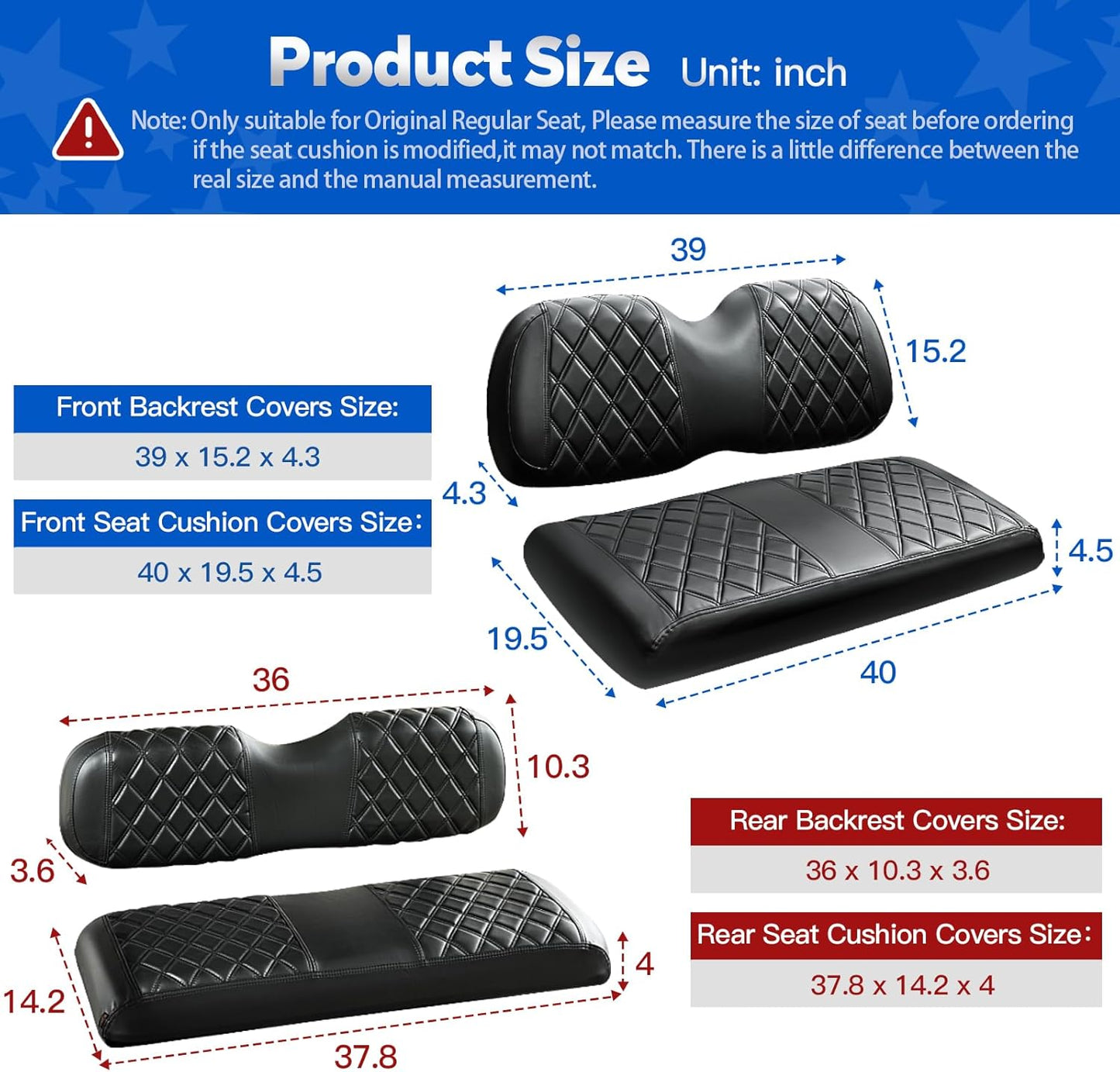 NOKINS 4PCS Golf Cart Seat Covers Kit, Front and Rear Seat Covers Fits Club Car Precedent Standard Seat Cushion, Club Car Vinyl Seat Covers Accessories, No Staples(Black&Black Stitch)