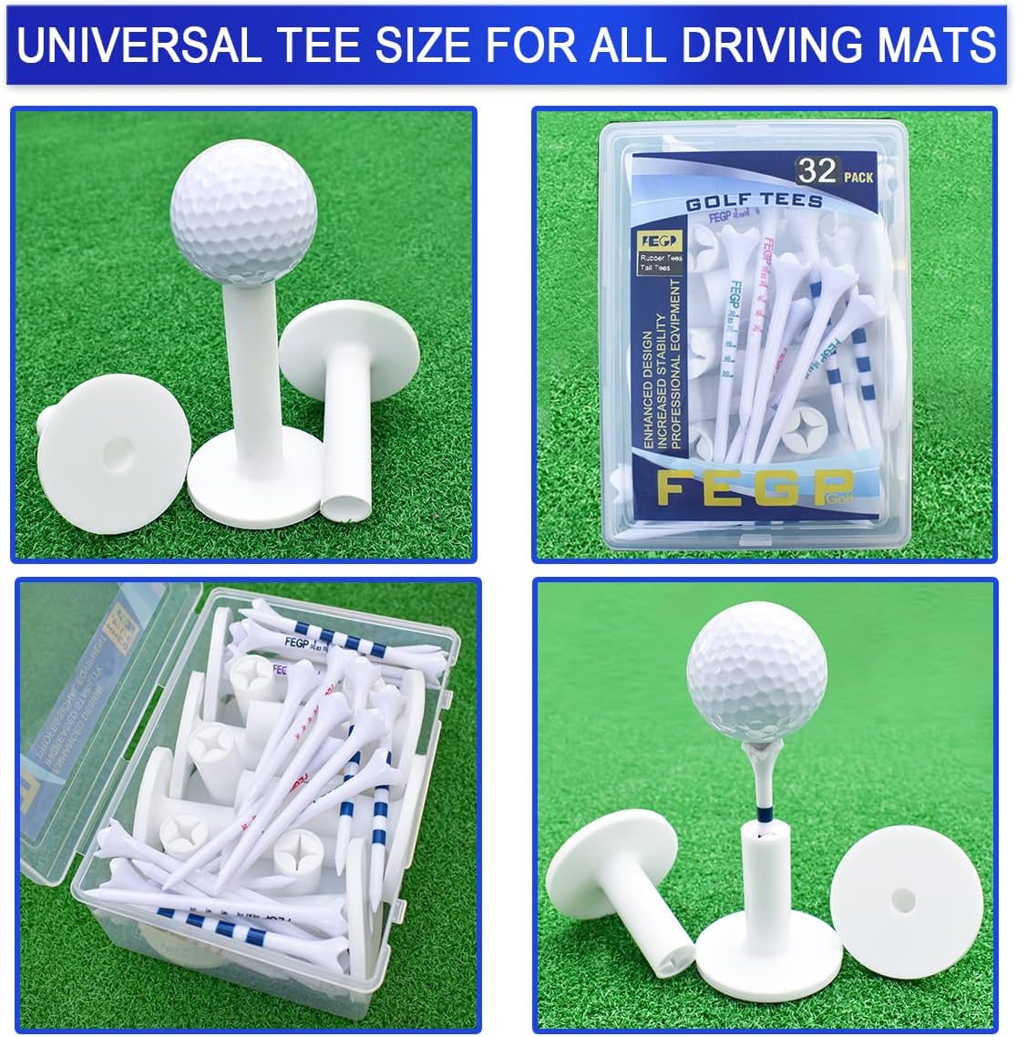 32 Pack - Premium Rubber Golf Tees for Golf Mats | Tees for Driving Range &Indoor Simulators | Golf Accessories for Indoor &Outdoor Practice, 5 Sizes Rubber Tees & Tall Plastic Golf Tees.