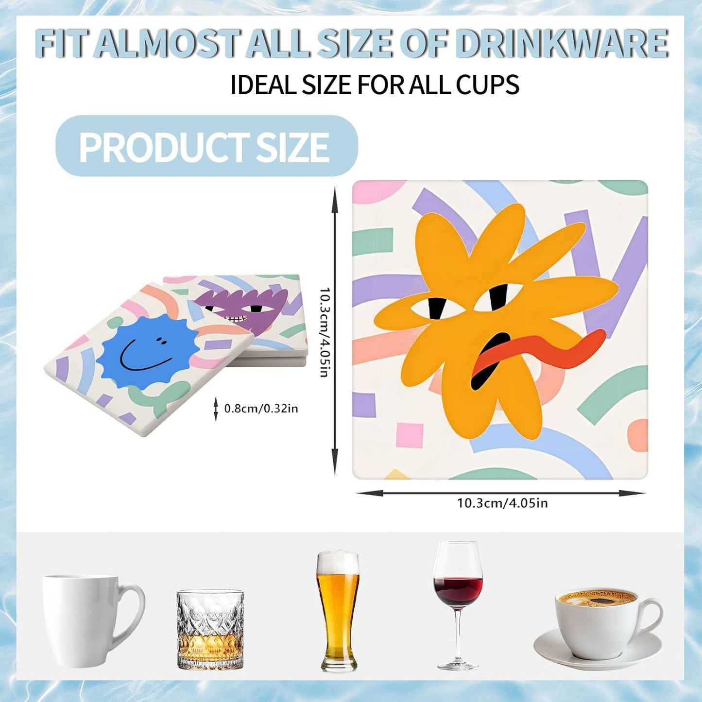 MAYCARI Cartoon Funny Grimace Face Coasters Set of 6 Cork Backed Cute Coasters with Metal Holder Original Ceramic Surface Drink Cup Mats for Tabletop Protection Modern Desk Decoration Birthday Gifts