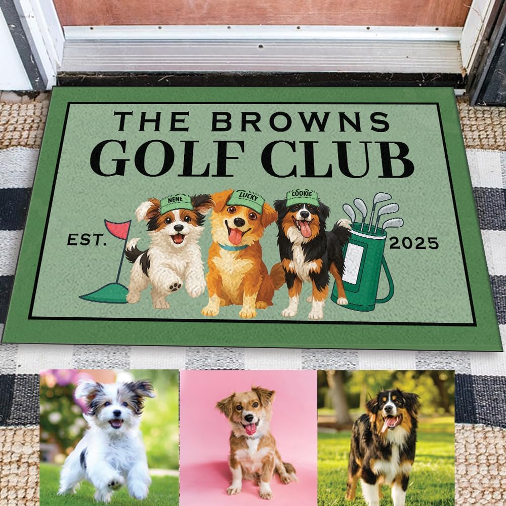 Personalized Golf Welcome Mat with Dog Photo and Family Name – Custom Front Door Rug with Pet Cartoon, Year and Golf Theme – Outdoor Entryway Doormat for Dog Owners and Golf Lovers