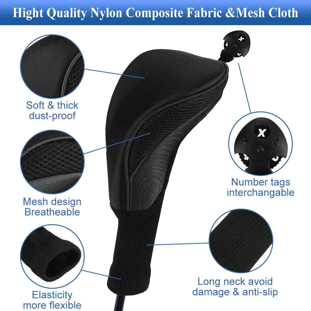 Golf Club Head Covers for Fairway Woods Driver Hybrids, 3Pcs Long Neck Mesh Golf Club Headcovers Set with Interchangeable No. Tags 3 4 5 6 7 X