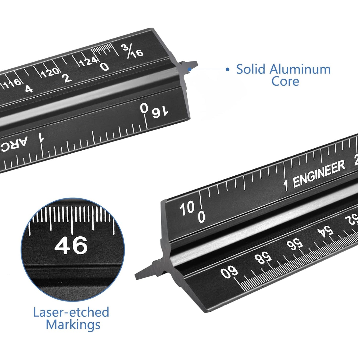 Architectural and Engineering Scale Ruler Set, Imperial Measurements 12'', Black Laser-Etched Aluminum Architect Triangular Ruler for Architects, Students, Draftsman, and Engineers