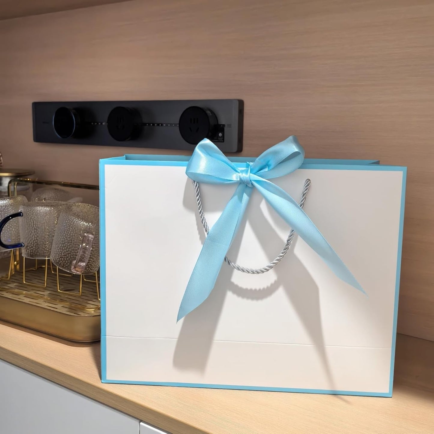 TKSBAG 12PCS Gift Bags Medium Size with Handles, 12.5 x 9.8 x 4.3 In Light Blue Thank You Bags with Bow Ribbon for Wedding, Birthday, bridesmaid, Baby Shower, Party Favors, Thanksgiving, Christmas