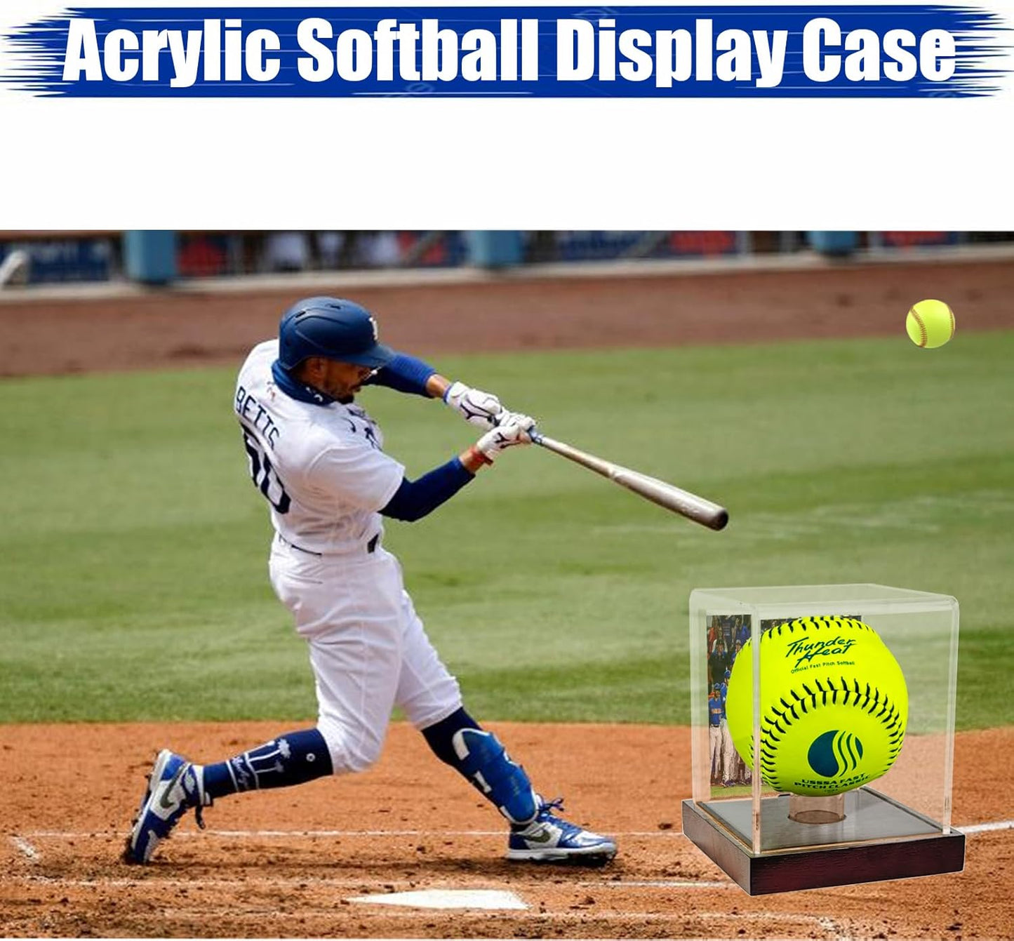 Clear Softball Display Case with Wood Base and Compartment for Photos,Cards,Acrylic Ball Display Holder for 12 inch Softball,UV Protected Cube Stand for Tennis Ball Baseball,Sport Collection Showcase