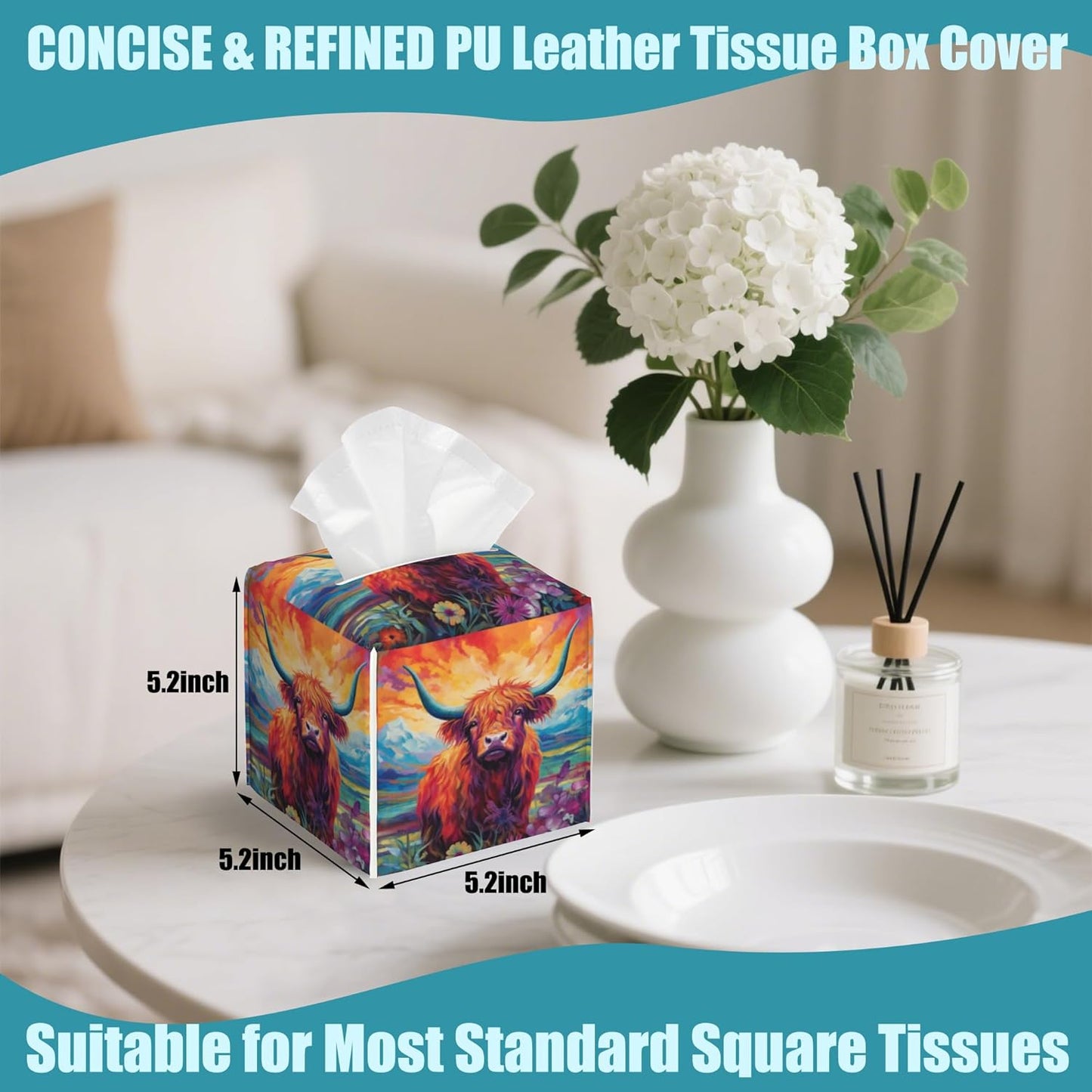 Watercolor Highland Cow Leather Tissue Holder,Mountain Flowers Square Tissue Box Cover,Modern Decorative Facial Tissue Paper Cover for Car Bedroom Nightstand Vanity Desk Office,5.2" x 5.2" x 5.2"