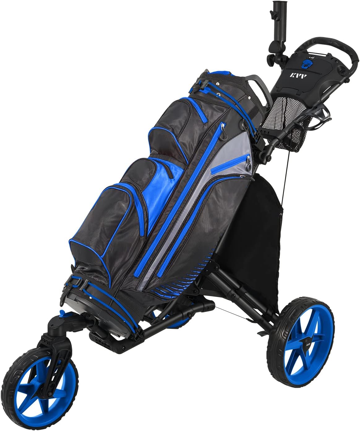 KVV 3 Wheel 360 Rotating Front Wheel Golf Push Cart Open and Close in ONE Second-Free Umbrella Holder Included