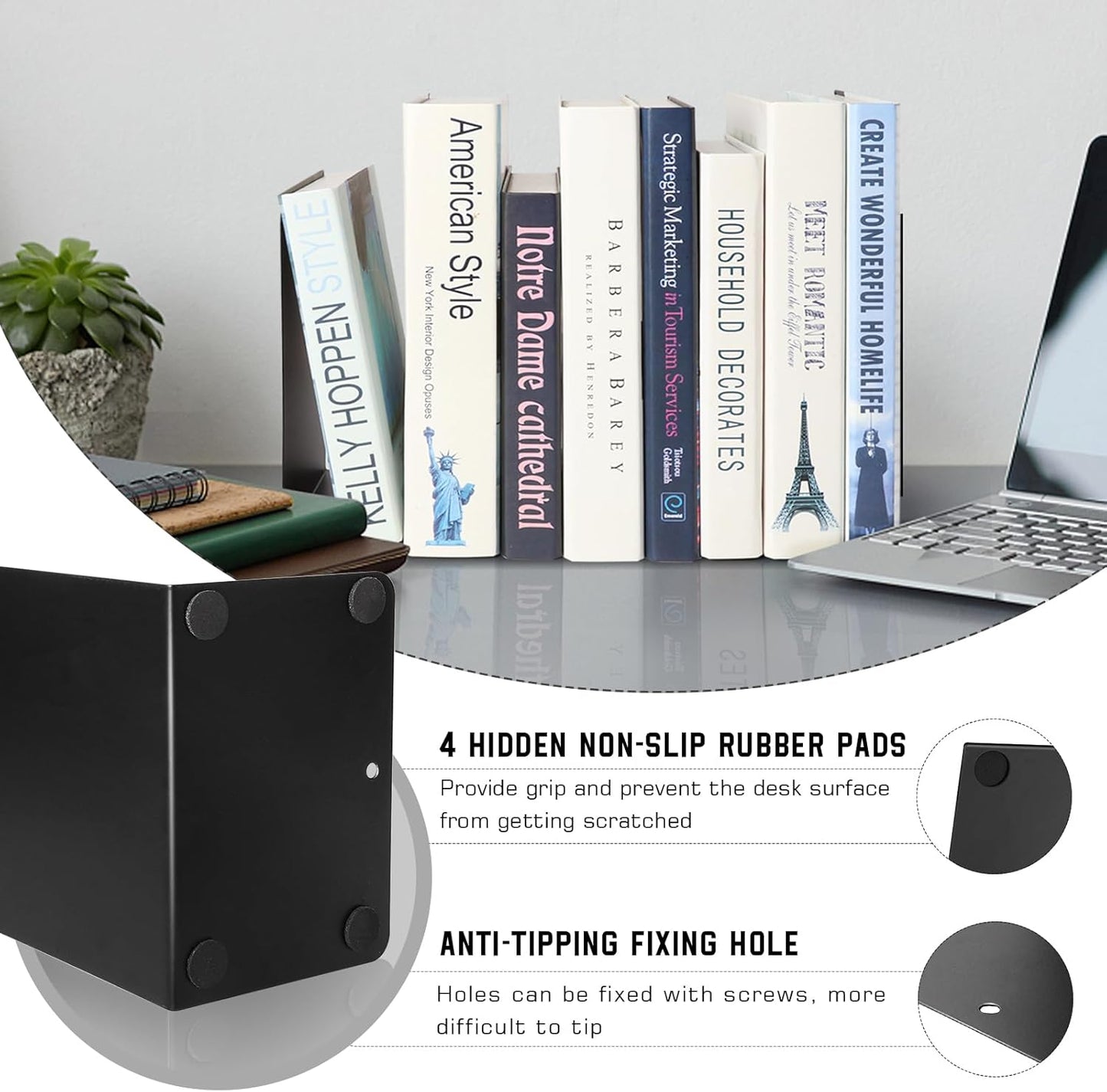VONDERSO Metal Bookends Black, 2 Pairs Decorative Metal Book End Supports for Shelves Gauge Metal Book Divider Stopper Holders with Non-Slip Anti-Scratch Rubber Pads