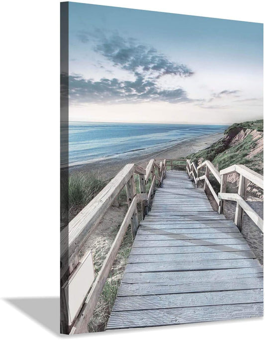 Beachside Wooden Path Wall Art: Bridge Boardwalk Stair Graphic Art on Wrapped Canvas for Wall Decor (18''x24'')