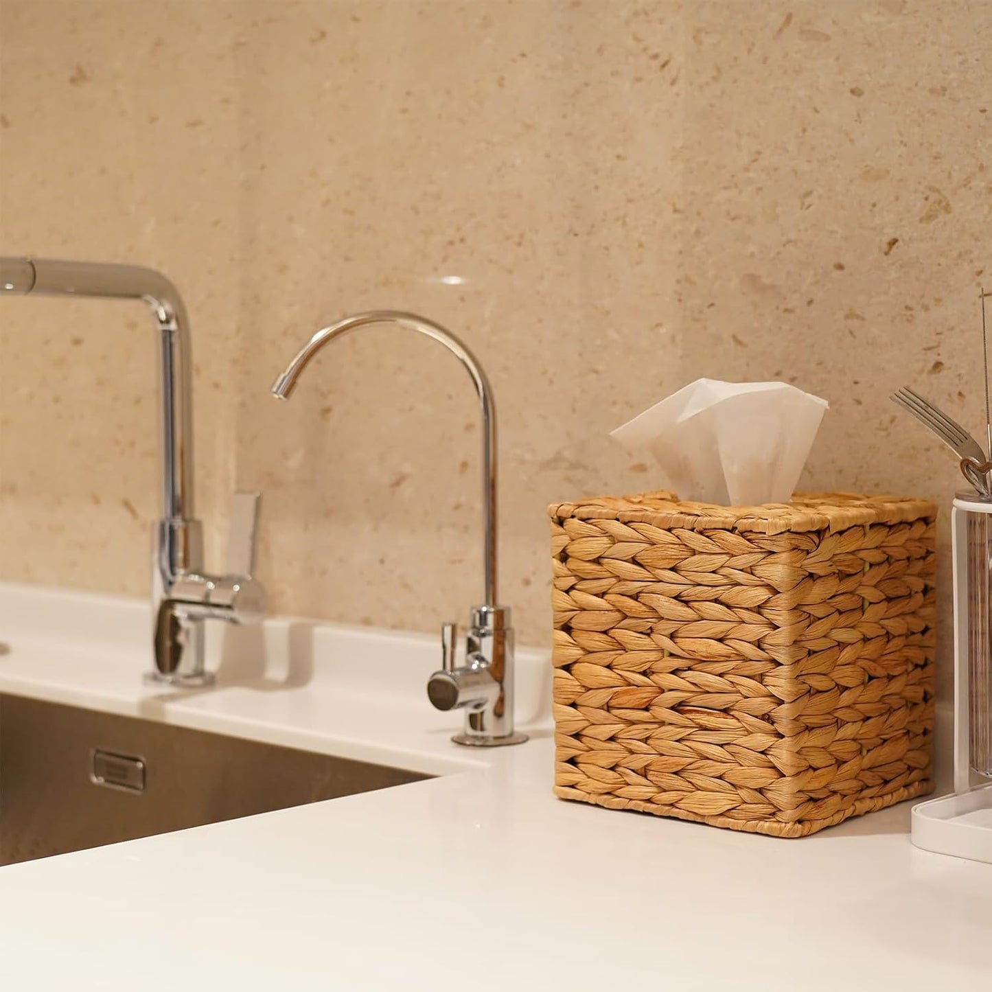 Set of 2 Water Hyacinth Handwoven Tissue Box Cover, Natural Handmade Wicker Napkin Box Holder, Handcrafted Square Facial Tissue, Rustic Decorative on Table and Bathroom, Office, Boho Decorative