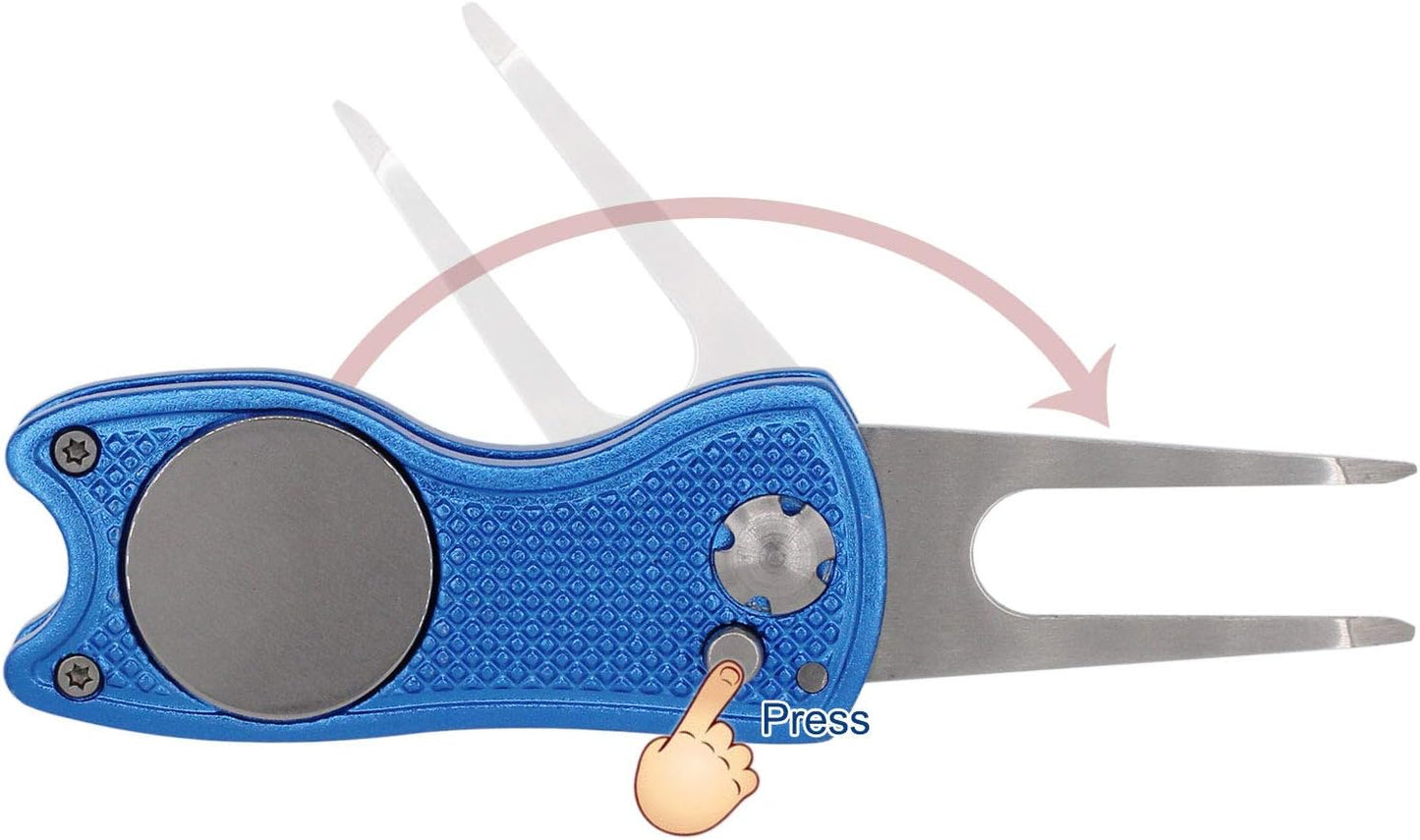 Golf Divot Repair Tool with Magnetic Ball Marker, Metal and Foldable Design