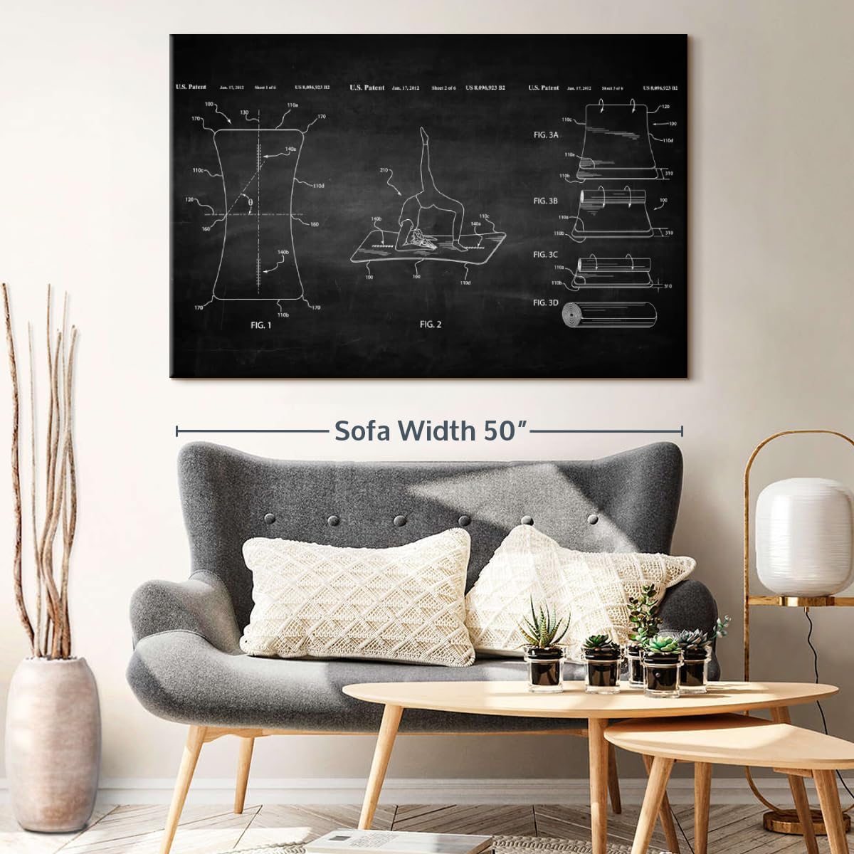 ElephantStock Exercise Mat BW Patent Wall Art - Horizontal Wrapped Canvas - 1-Piece Living Room Wall Decor - Digital Art Patent Canvas Print - Black and White Decor - 51" X 34"