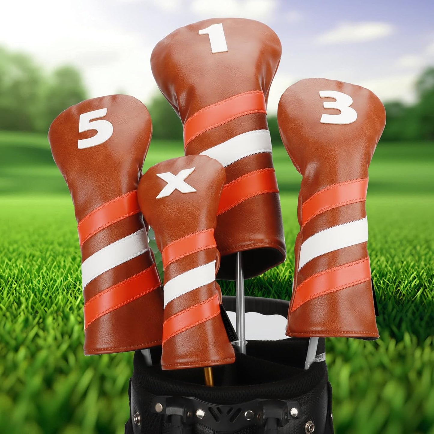 4pcs or 1pc Golf Club Head Covers for Woods, Driver, Fairway, Hybrid – Premium PU Leather with Interchangeable Tags & Magnetic Blade and Mallet Putter Covers