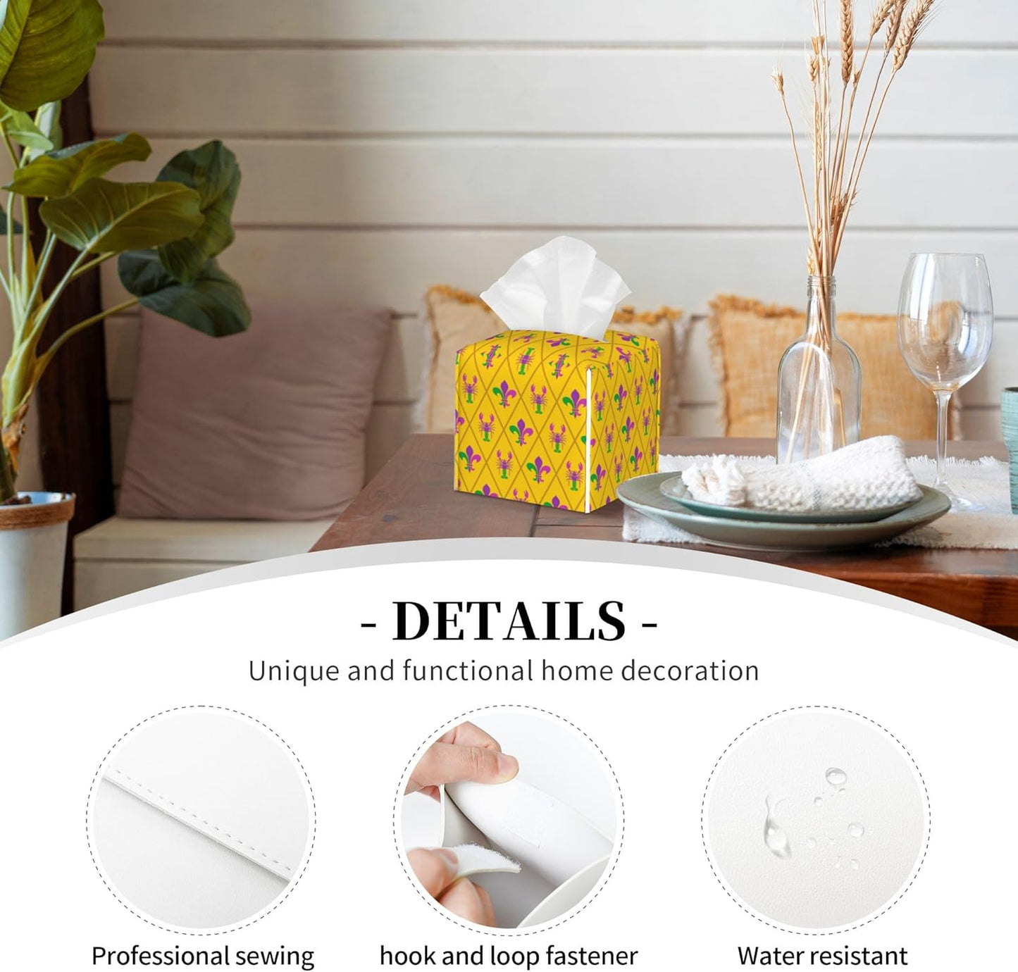 Tissue Box Cover Holder, Mardi Gras Crayfish and Fleur De Lis PU Leather Square Tissue Box Cover Decorative Organizer for Bathroom Kitchen Bedroom Vanity Countertop Night Stands