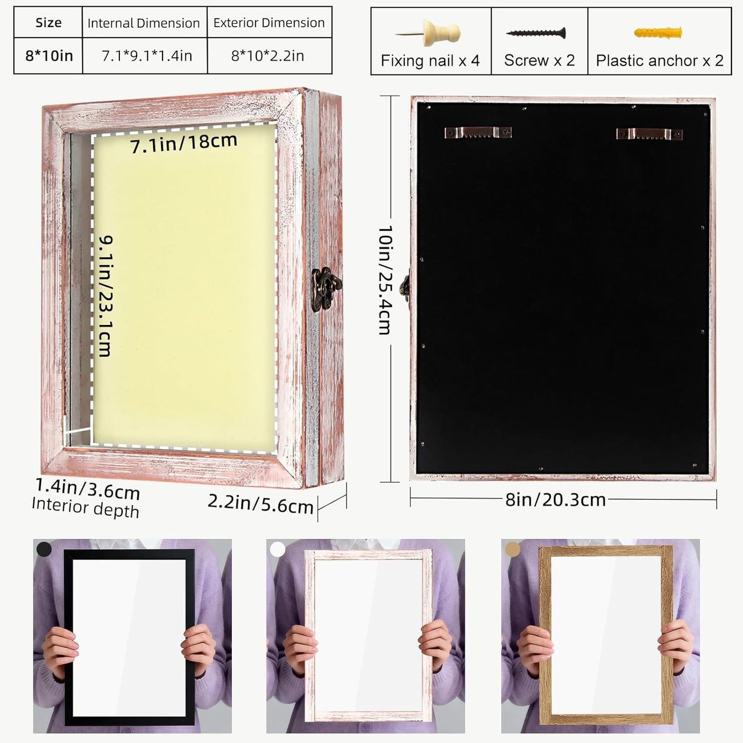 TJ.MOREE Shadow Box Frame 8 x 10 Flower Shadowbox Display Case Picture Frame with Linen Back Memorabilia Bouquet Medals Military Photos Memory Box- White Pink