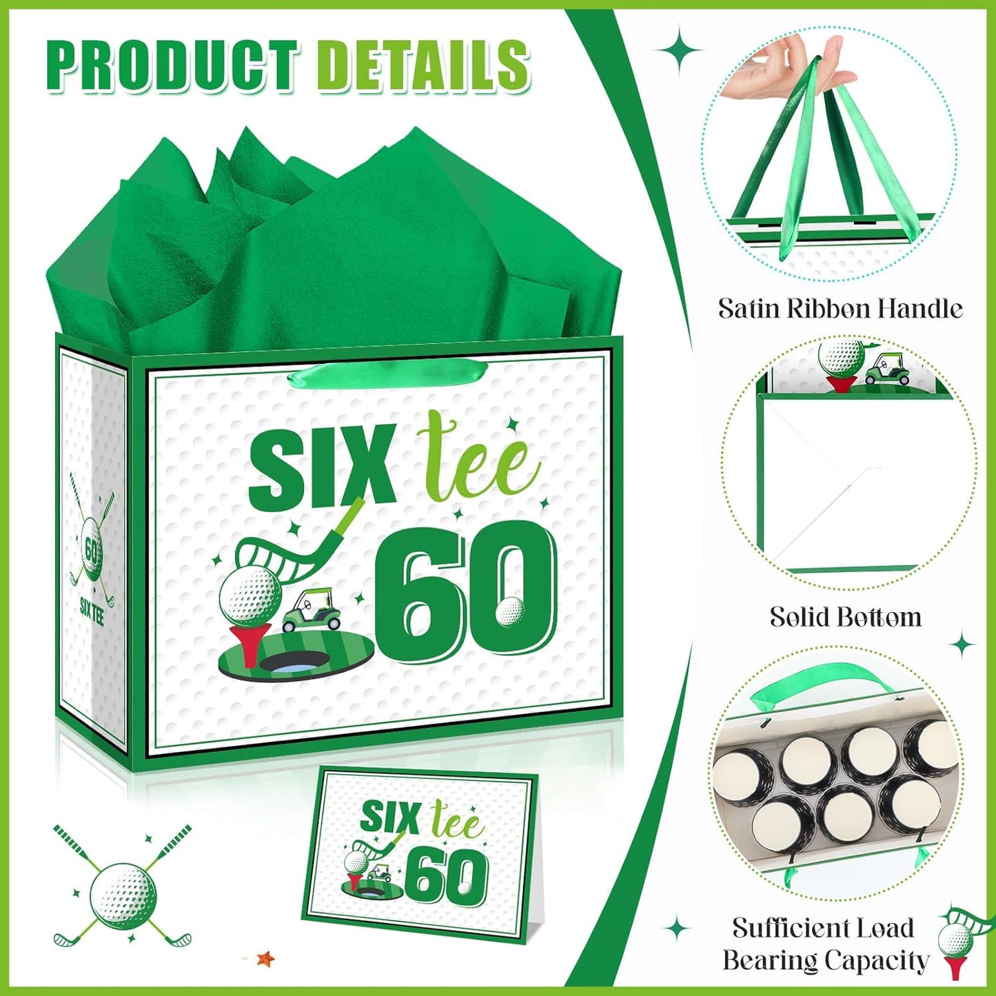 Quirkistry Golf 60th Birthday Gift Bag for Men Golf Happy Sixty Birthday Party Gifts bag with Tissue Paper Greeting Card Six-Tee Bday Gift Wrapping Bag for Sports Themed Party Decorations Supplies