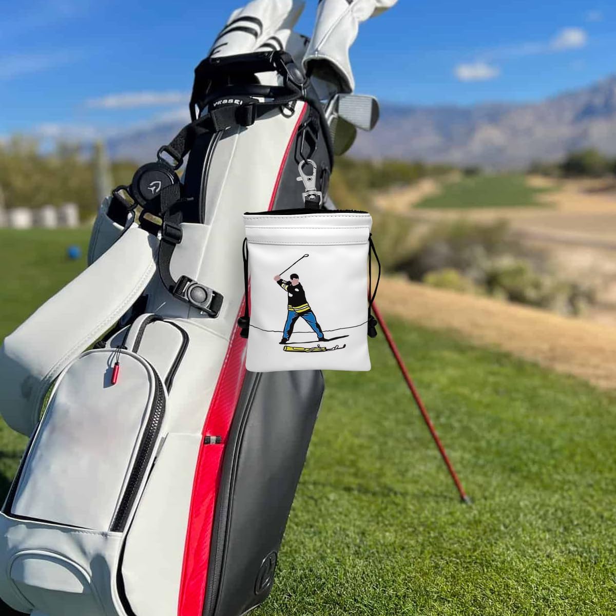 Funny Golf Valuables Bag with Drawstrings - Synthetic Leather Tee Pouch for Men, White Gifts for Golfer