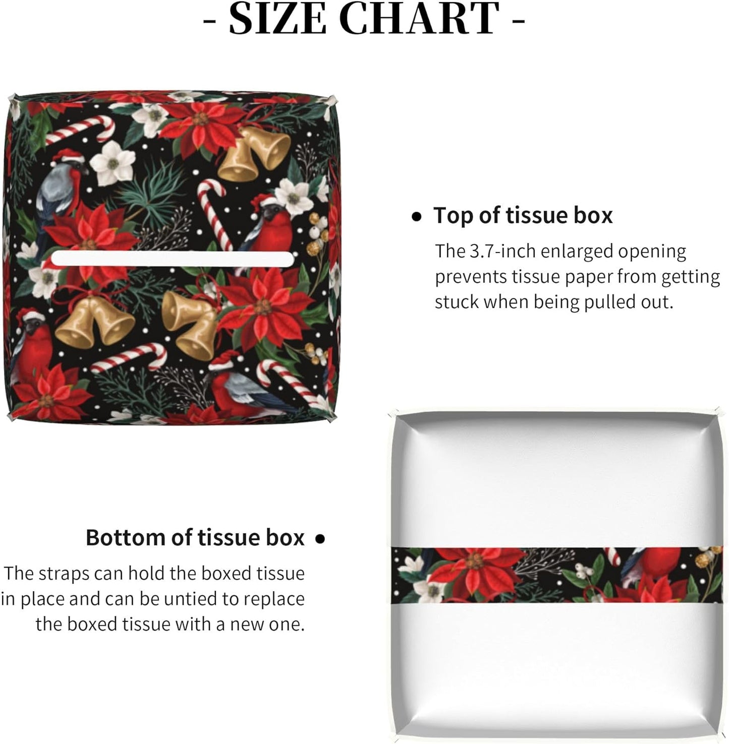 Christmas Poinsettia Flowers Tissue Box Cover Square,Xmas Bells Candy Cane Tissue Box Holder Waterproof Leather Facial Paper Organizer Dispenser for Bathroom Home Car Nightstand Vanity Desk