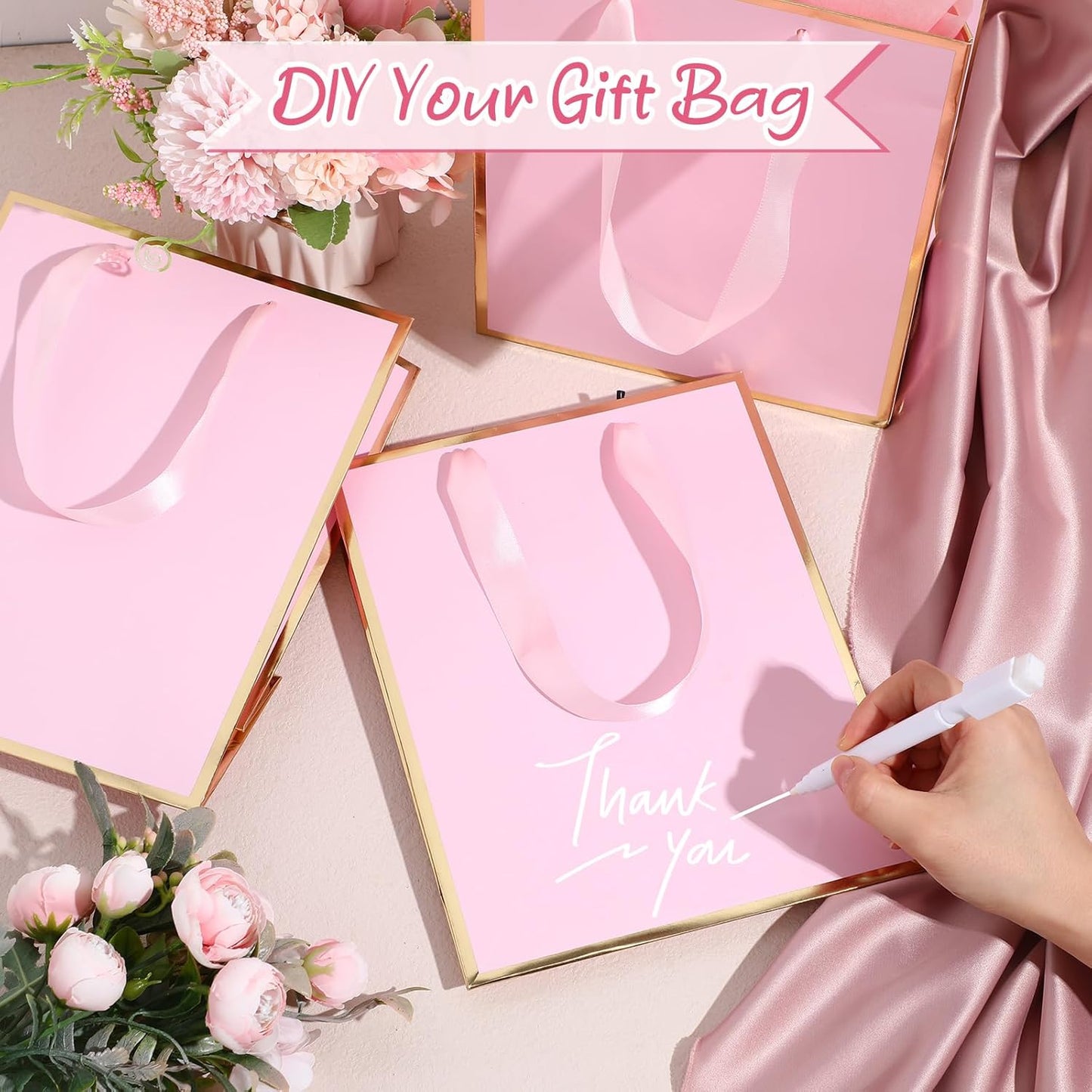 Yeaqee 24 Pack Metallic Paper Gift Bags with Handle and Tissue 9x7x3.1 Gold Foil Welcome Favor Bags Return Gifts for Wedding Fall 5 Senses Christmas Bridesmaid Birthday(Pink Gold)