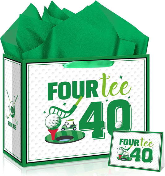 Quirkistry Golf 40th Birthday Gift Bag for Men Golf Happy Forty Birthday Party Gifts bag with Tissue Paper Greeting Card Four-Tee Bday Gift Wrapping Bag for Sports Themed Party Decorations Supplies