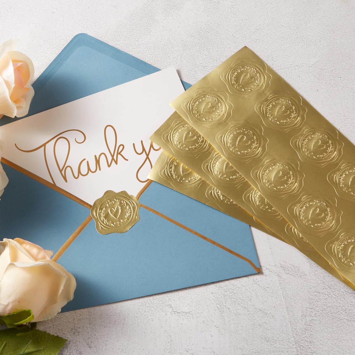 300 Pieces Embossed Gold Foil Stickers Gold Stickers for Envelopes, Wedding Invitations, Christmas Greeting Cards Envelopes (Gold Heart-Love)