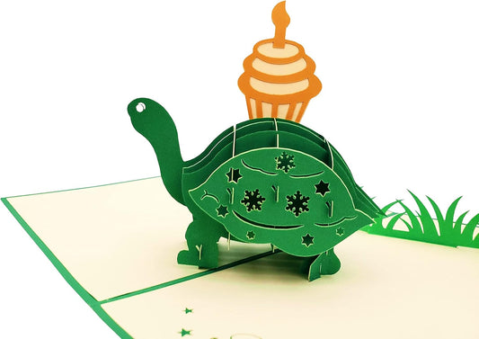 iGifts And Cards Funny Birthday Turtle 3D Pop Up Card – Belated Tortoise With Cupcake, Animal-Themed Greeting, Cute Cake and Candle Surprise, Unique Celebration for Late Birthdays, 5" x 7"