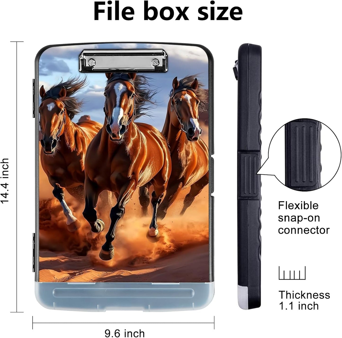 Clipboard with Storage - Large Capacity,Nursing Clipboard with Pen Holder,Heavy Duty,Plastic Side-Opening Folder for Teacher,Nurse - Brown Running Horses
