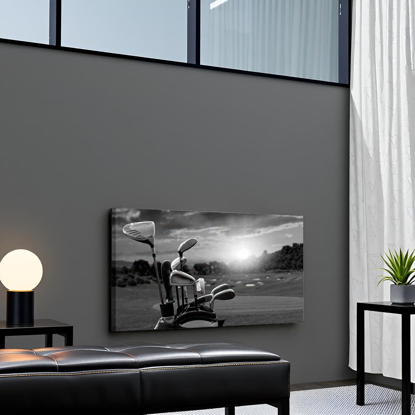 LevvArts Black and White Golf Canvas Wall Art Golf Course at Sunset Landscape Pictures Painting Print Golfing Sports Artwork Decor for Living Room Gym Framed Ready to Hang 20"x36"