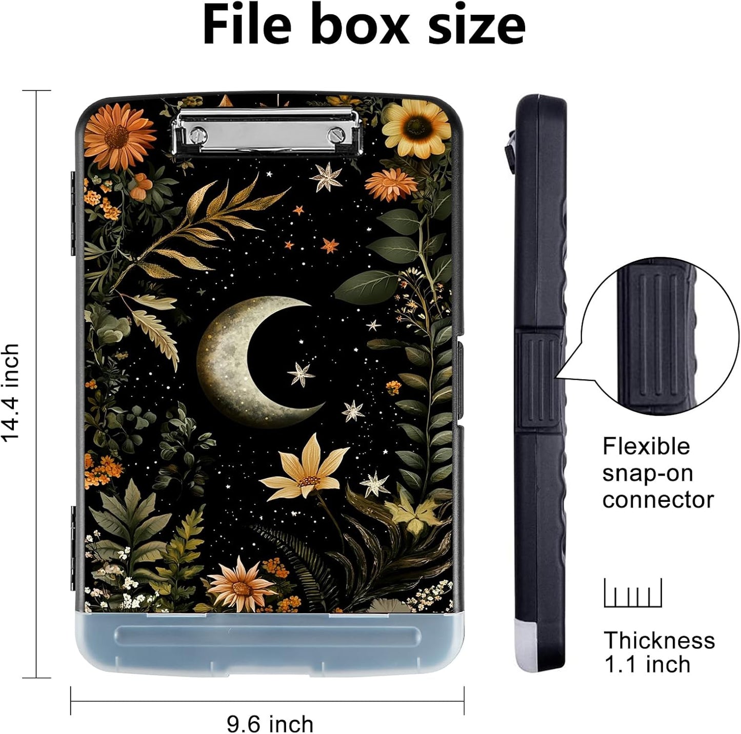 Clipboard with Storage - Large Capacity,Nursing Clipboard with Pen Holder,Heavy Duty,Plastic Side-Opening Folder for Teacher,Nurse - Moon and Flowers