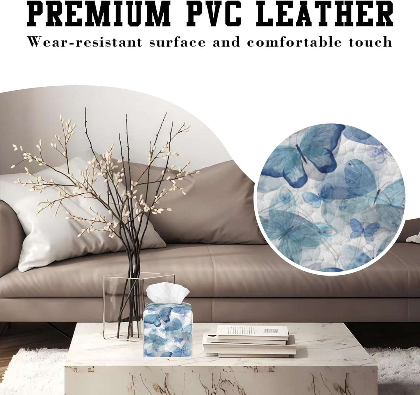 Abstract Blue Butterflies Tissue Box Cover Square, Tissue Box Holder Leather Facial Paper Case Decorative Organizer Holder Dispenser Home Office Car Decor