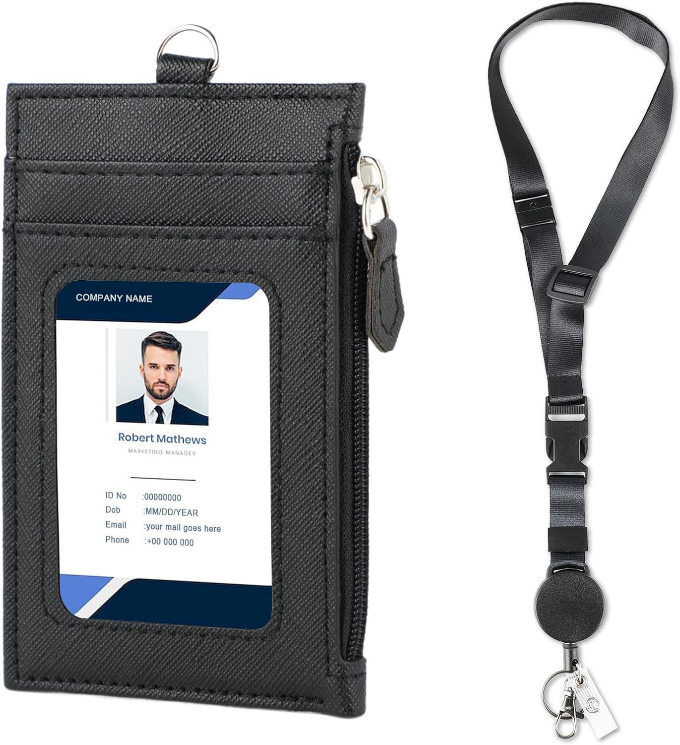 DELSWIN Badge Holder with Retractable Lanyard, PU Leather ID Badge Card Holder with 1 ID Window, 4 Card Slots, 1 Side Zipper Pocket, and Adjustable Neck Strap