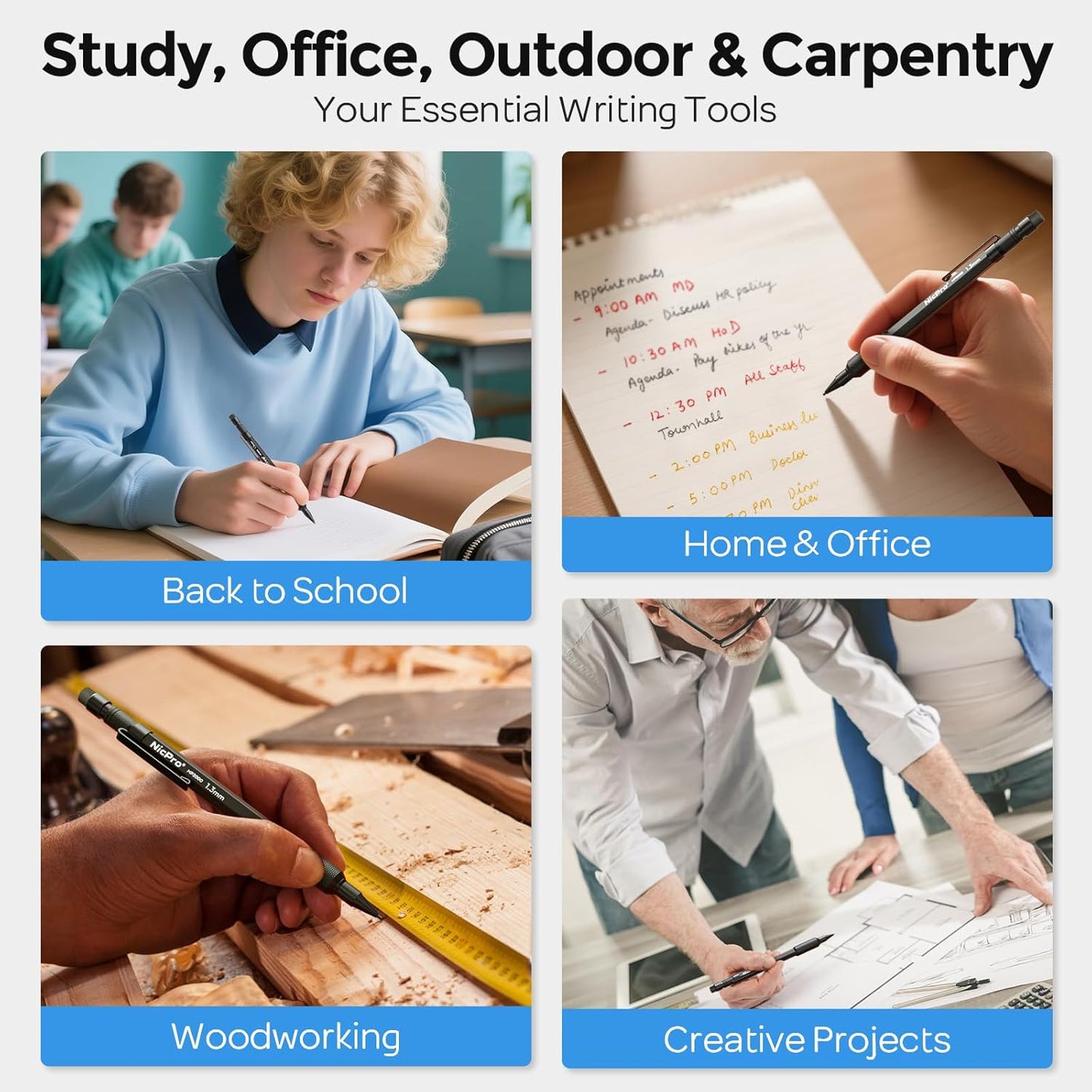 Nicpro 3 PCS 1.3 mm Blacke Mechanical Pencils Set with 48 Lead Refill, 3 Eraser - Weatherproof Metal Barrel, Heavy Duty Carpenter Pencil MP2000 for Outdoor Marking Drafting Drawing Woodworking