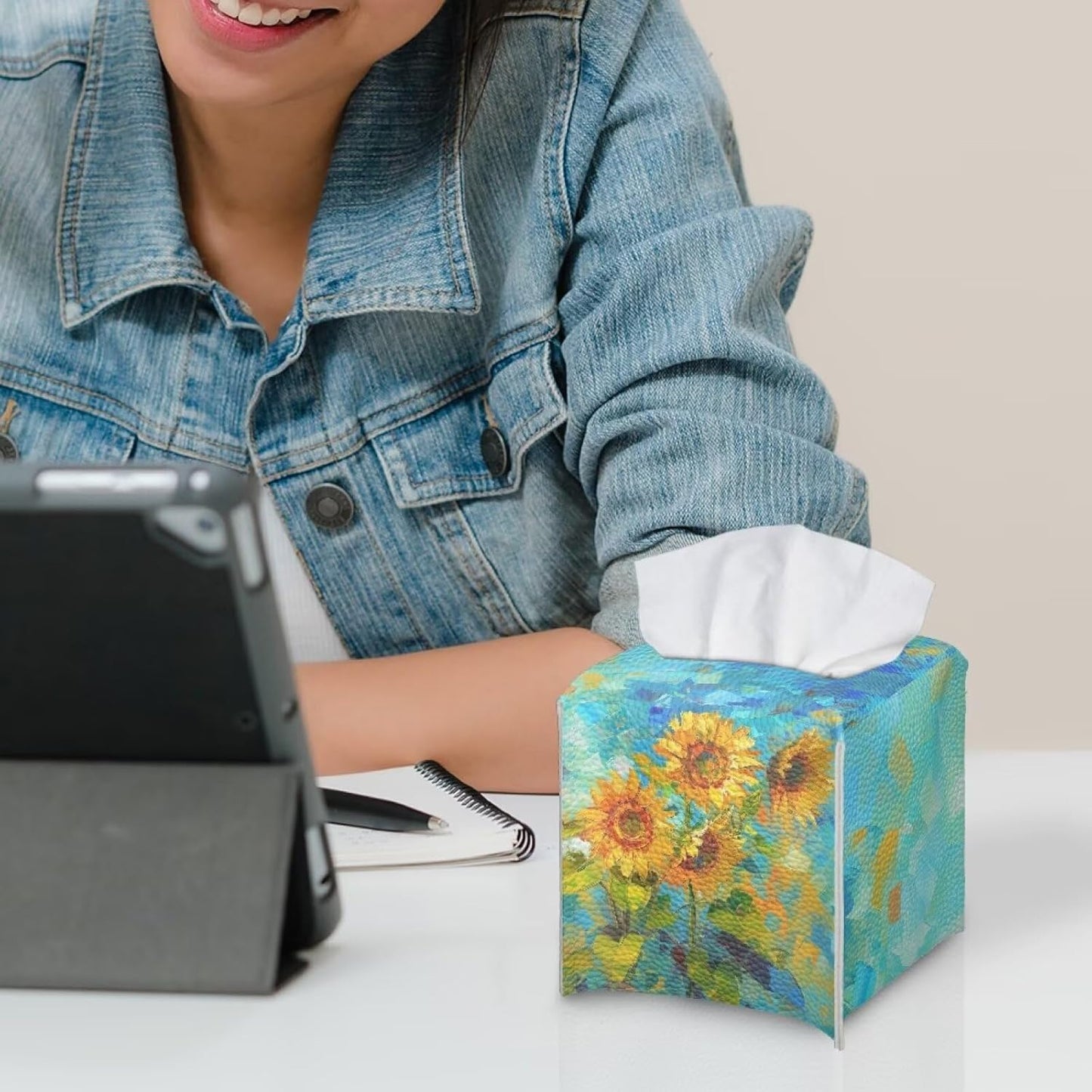 Sunflower Tissue Box Cover Funny Square Leather Tissue Cover 5x5x5 inch Oil Paited Style Home Decorative Facial Paper Box Holder for Desk Bathroom Vanity Countertop