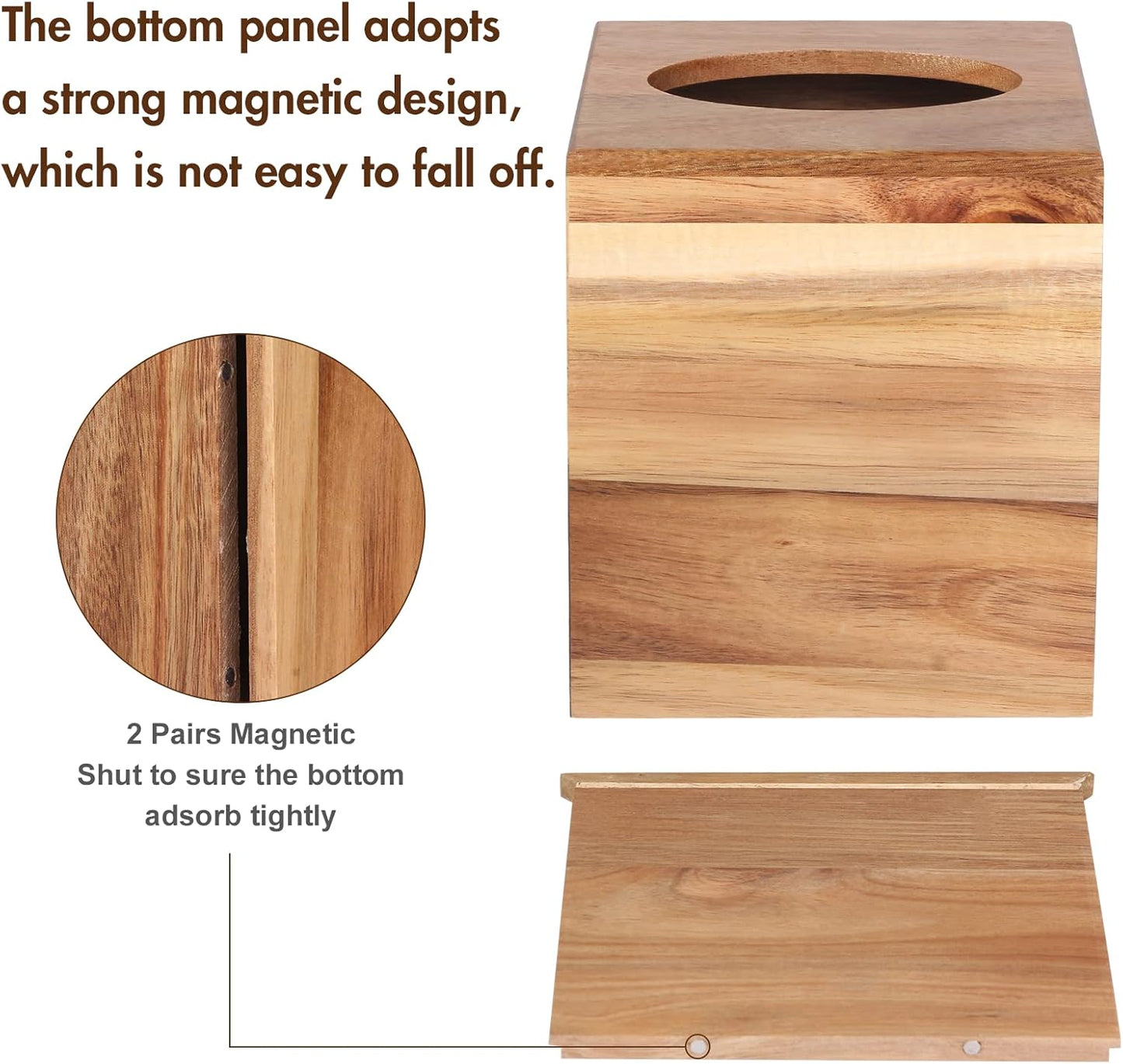 Tissue Box Cover, Acacia Wood Square Tissue Box Holder with Slide-Out Bottom for Bathroom, Bedroom, Dinner Table, Office