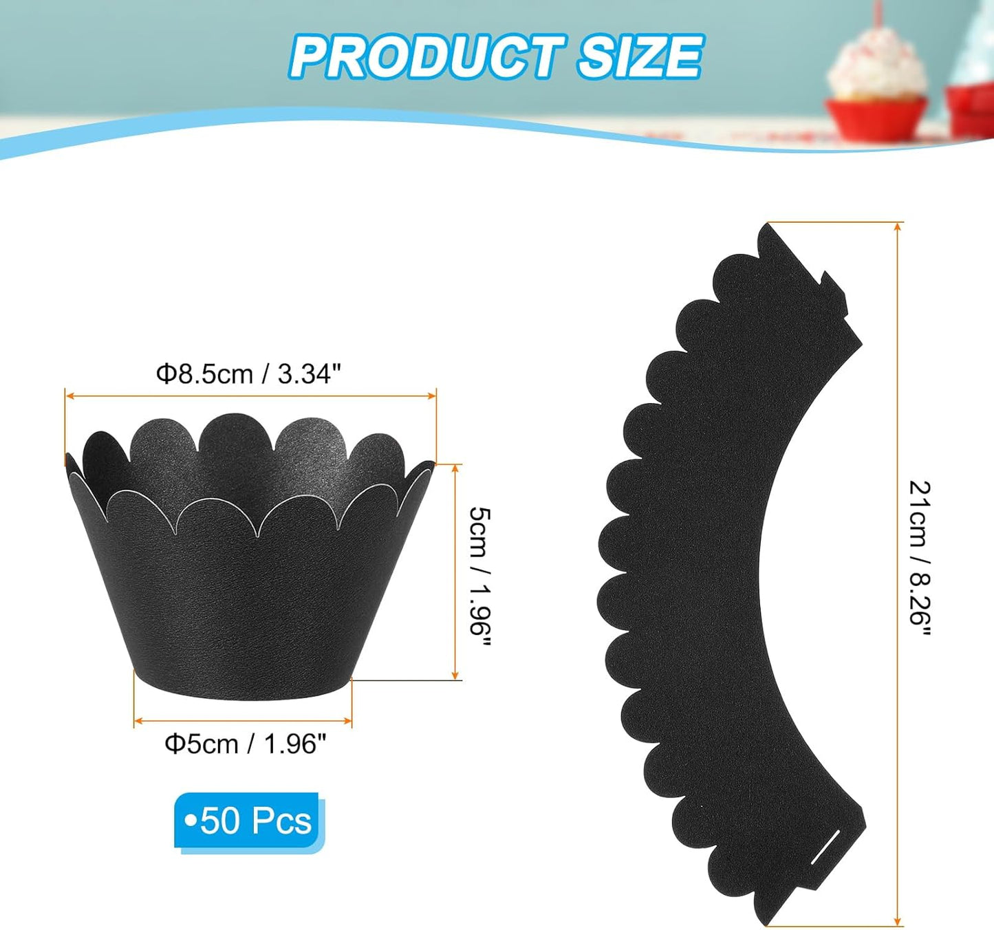 PATIKIL Cupcake Wrappers Paper, 50 Pack Baking Cups Standard Wave Decoration for Anniversary Birthday Weddings and Parties, Black