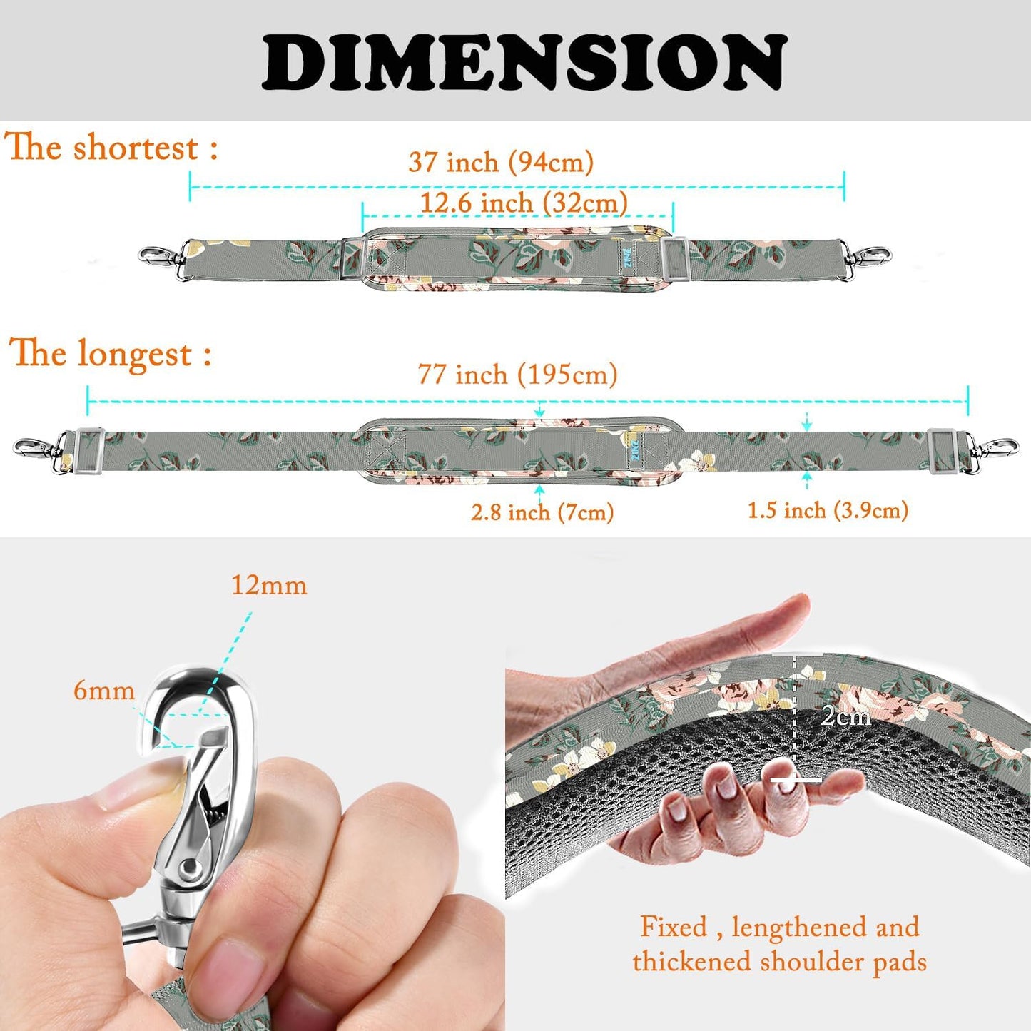 ZINZ 77 Inch Shoulder Strap Univesal Bag Strap with Fixed Pad Ultra Thick Plus Long & Breathable Cushion, Replacement Strap for Bags,Gray Rose