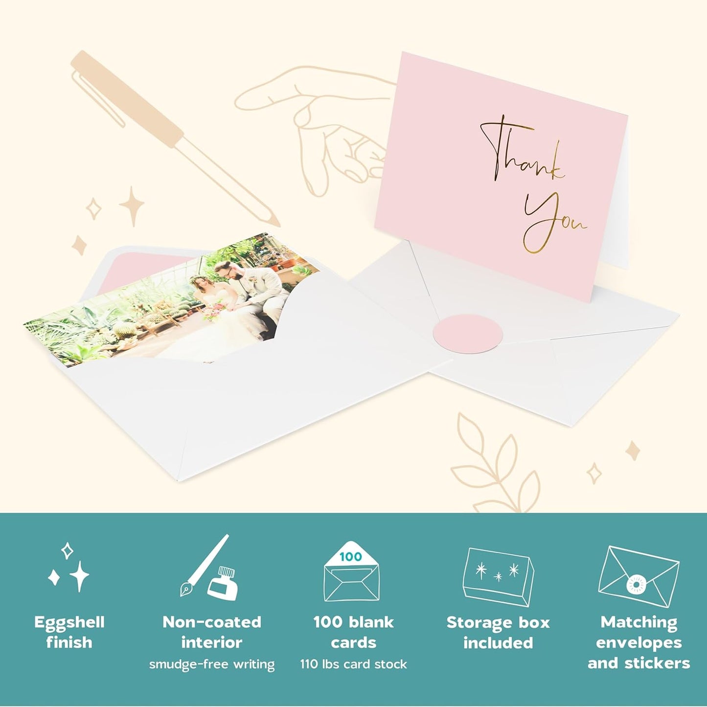 VNS Creations Gold Foil Thank You Cards With Envelopes Bulk Set & Stickers - 100 Pack 4x6 Blank Thank You Notes Box Set - Large Note Card Small Business, Wedding, Baby Shower & Bridal Shower - Lilac