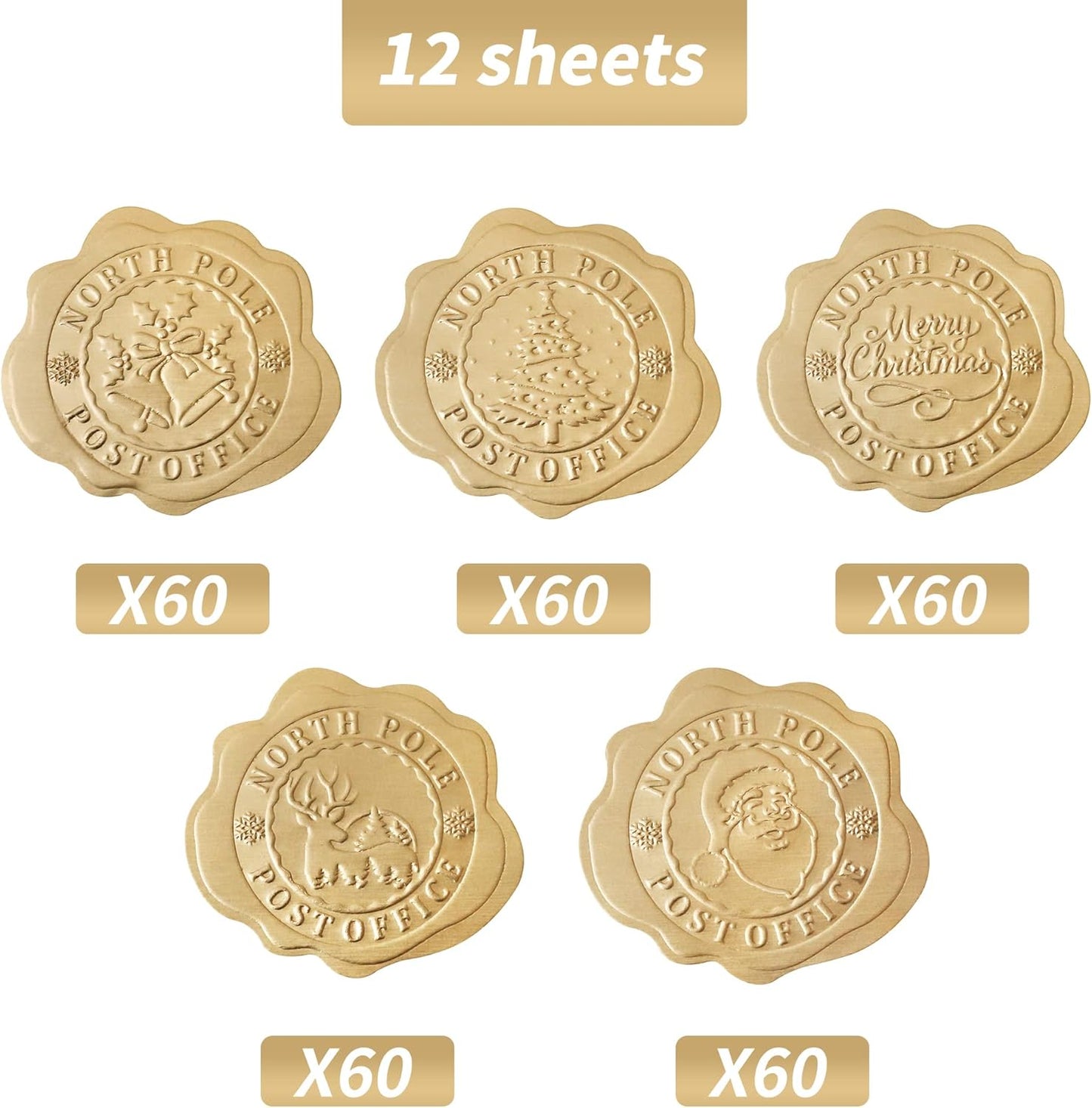 300pcs Gold Christmas Embossed Wax Seal Looking Envelope Seals for Gifts Packages/Party Favors, Self-Adhesive