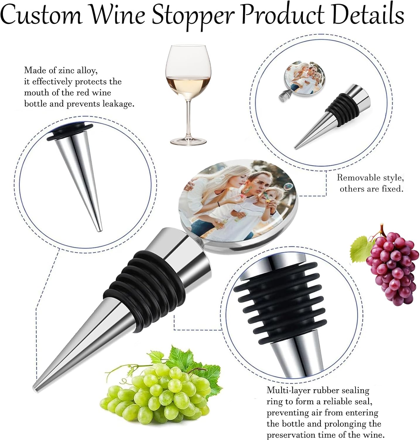 Personalized Wine Stopper Custom Wine Bottle Stopper with Your Photo Metal Wine Food Grade Silicone Stopper for Family, Wedding, Holiday Party