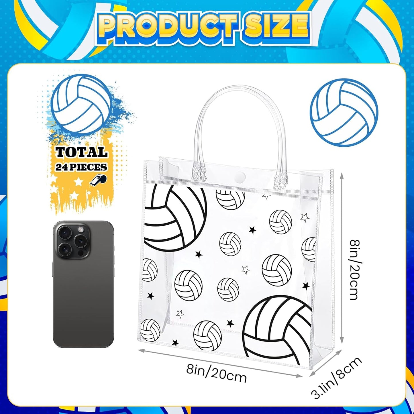 Liobelon 24 Pieces Volleyball Clear PVC Gift Bag with Handles Transparent Volleyball Goodie Bags 8 x 8 x 3.2Inch Sport Theme Party Favor Bag for Birthday Holiday Sports Team (volleyball)