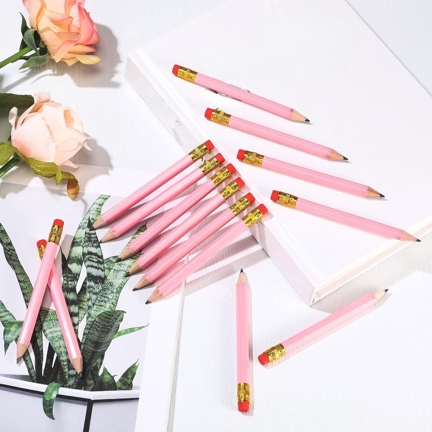 Zonon 48 Pieces Golf Pencils Mini Half Pencils with Eraser Short with Erasers Bulk Small for Kids HB Wedding Bridal School Office Writing Drawing Pocket(Pink)