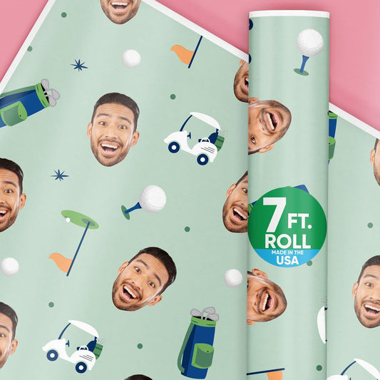 Big Dot of Happiness Custom Photo Golf Wrapping Paper Roll, Sports-Themed Retirement or Birthday Party Decor, Personalized Fun Face Golf Gift Wrap, 24 in x 7 feet, 1 Roll